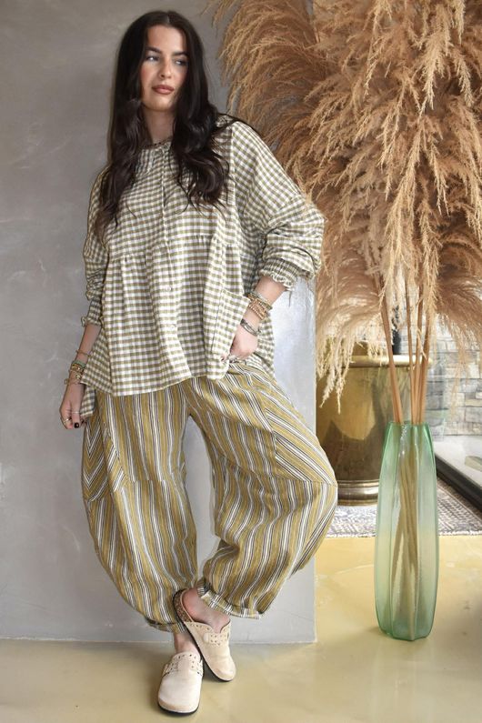 Annie Gingham Peter Pan Smock Blouse Olive